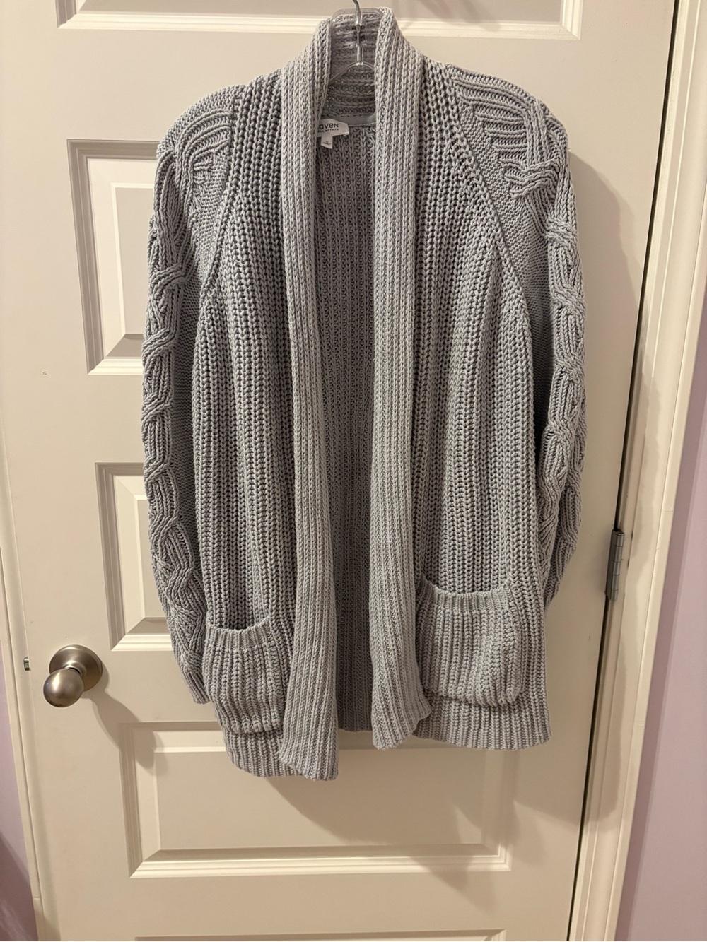 Cozy Open-Front Cable Sleeve Cardigan Sweater - Light Gray
